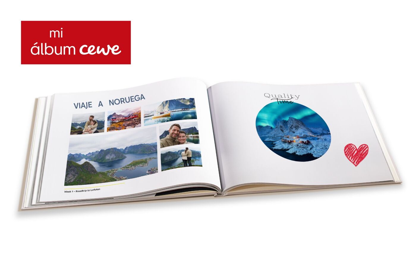 Álbum de fotos horizontal abierto con título de página "Viaje a Noruega"